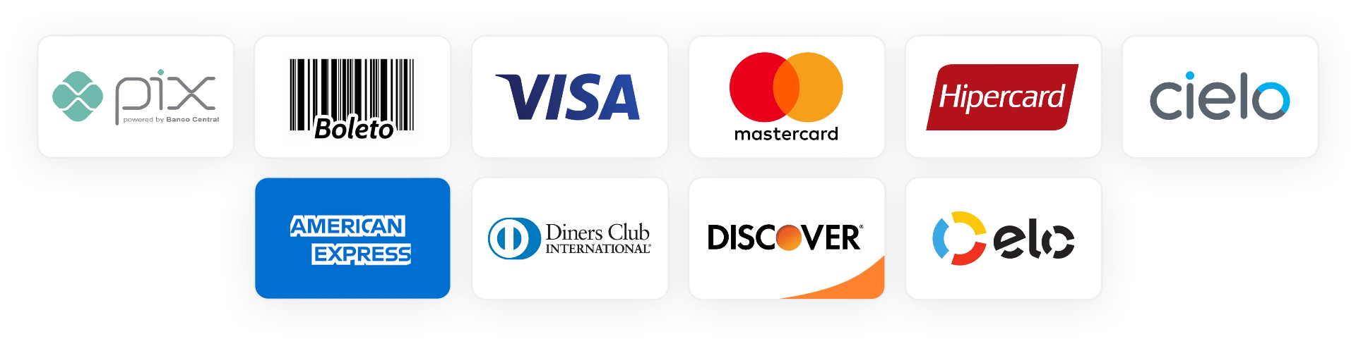 Pix, Boleto, Visa, Mastercard, Elo, American Express, Hipercard, Diners Club, Discover
